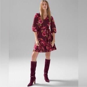 WHBM Burgundy Floral Shift Dress Long Sleeve